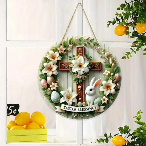TOPRenddon Easter Decoration Wood Door Wall Signs, Wooden Wreaths Front Door Sign Cross Sign Christian Jesus Lily Flowers Ornaments Hanging Crafts for Spring Home Farmhouse Party Porch Wall Decor
