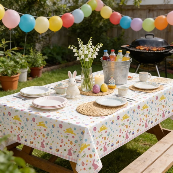 TOPRenddon Easter Egg Bunny Heavy Duty Paper Tablecloth, 107.9x53.9in Disposable Table Cover for Spring Holiday Easter Party Supplies