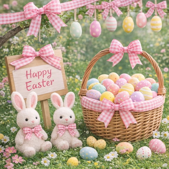 TOPRenddon Easter Spring Themed Ribbon, 179.92x2.48in Multicolor Polyester Ribbon with Egg & Bunny Patterns, DIY Craft Ribbon for Gift Wrapping, Bouquet Wrapping, Ribbon Bows & Wreath Decorations