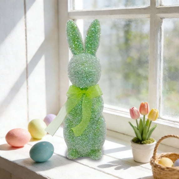 TOPRenddon Easter Standing Rabbit Ornament, High-End Sparkling Bow Bunny, Green Foam Home Garden Courtyard Decor, Cute Easter Party Decoration, Perfect Easter Gift
