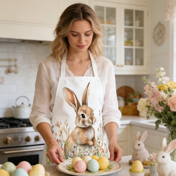 TOPRenddon Easter Themed Apron, Multicolor Polyester Bunny Print Apron, Festive Party Kitchen Cooking Apron, Decorative Easter Home Kitchen Decor