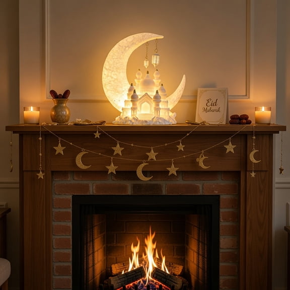 TOPRenddon Eid Glowing Moon Castle Night Lamp, White Resin Desktop Decoration, Warm LED Crescent Moon & Mosque Elements, Eid al-Fitr Muslim Home Living Room Decor, Ideal Religious Holiday Gift
