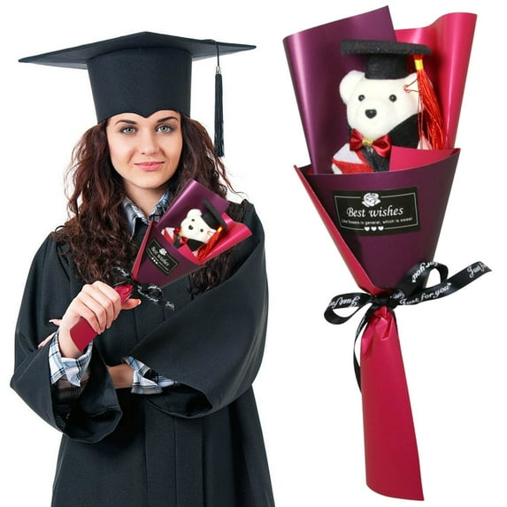 TOPRenddon Graduation Teddy Bear Bouquet – Cute Plush Bear with Cap & Gown, Everlasting Foam Flowers, Perfect Graduation Gift for Her, Him, Friends, Decor (14", Child-Safe & Durable)