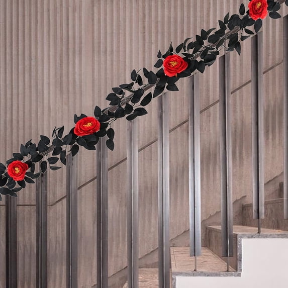 TOPRenddon Halloween Artificial Flowers, Black Rose Garland for Halloween Decorations 69 Inch Artifical Rose Vine with BlackBerry and Leaves Realistic Vivid Floral Garland for Fall Thanksgiving