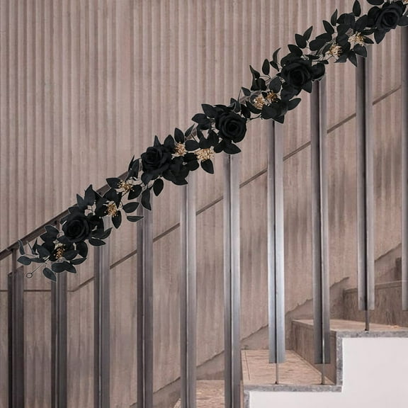 TOPRenddon Halloween Artificial Flowers, Black Rose Garland for Halloween Decorations 69 Inch Artifical Rose Vine with BlackBerry and Leaves Realistic Vivid Floral Garland for Fall Thanksgiving