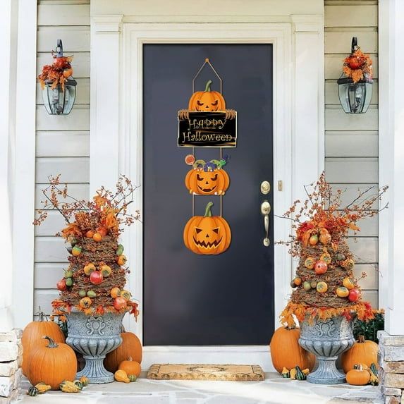 TOPRenddon Halloween Hanging Signs Spooky, Large Size Wooden Hanging Door Sign, Halloween Cartoon Sign Door Decor Wall Plaque with Ghost Pumpkin for Home Outdoor Halloween Party Decoration