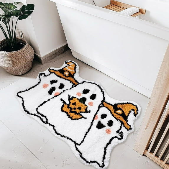 TOPRenddon Halloween Welcome Doormat, White Ghost Pumpkins Halloween Doormat, Home Decor Low-Profile Switch Rug Door Mat Floor Mat for Indoor Outdoor 20x31 Inch