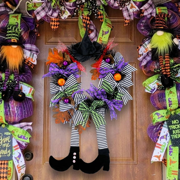 TOPRenddon Halloween Wreaths for Front Door-27 Inch Witch Halloween Wreath with Hat Witches Legsl Pumpkin, Halloween Decorations for Door,Porch,Window,Indoor and Outdoor Decor