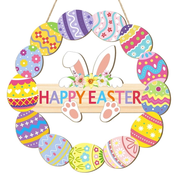 Happy Easter Wooden Wreath Sign, Colorful Floral & Easter Egg Door Hanger for Front Door, Farmhouse, Wall, Easter Party & Home Decor SDJMA