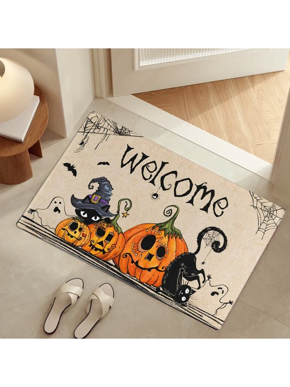 Happy Halloween Door Mat, Front Door Mat Non Slip, Welcome Skull Ghost Yard Floor Doormat Kitchen Entry Outdoor Indoor Entrance