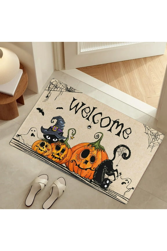 Happy Halloween Door Mat, Front Door Mat Non Slip, Welcome Skull Ghost Yard Floor Doormat Kitchen Entry Outdoor Indoor Entrance
