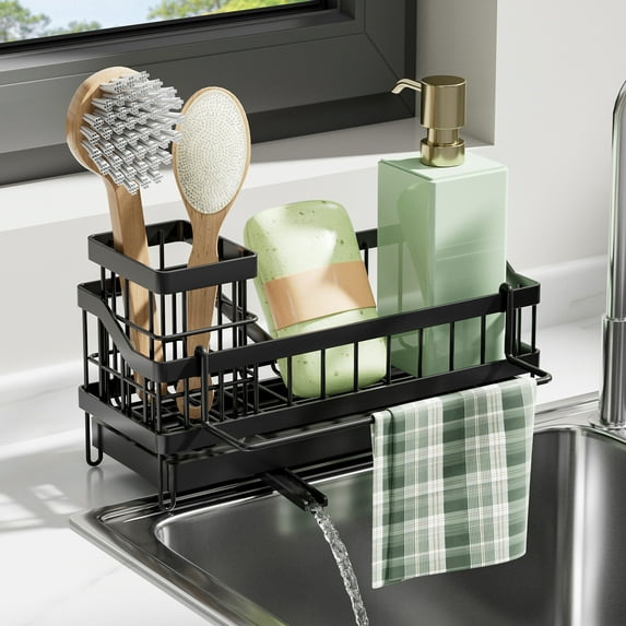 TOPRenddon Heavy-Duty Iron Sponge Holder with Towel Rod – Wall-Mounted or Countertop Sink Organizer, Self-Draining Rack for Brushes, Soap & Dishcloths