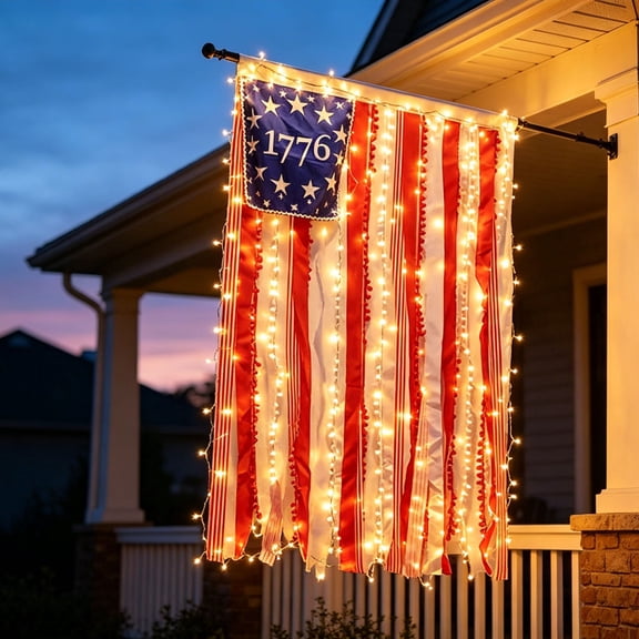 TOPRenddon Independence Day Fringed Drapery with LED Lights - 50"x27" Blue Star Flag 1776 Decorative Hanging String Lights for 4th July Party Door Window Backdrop