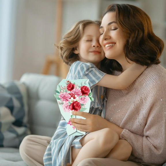 TOPRenddon Mother's Day Bouquet Greeting Card Three Dimensional Flower Shape Pop Up Card Green Handmade Blessing Card Birthday Gift Decoration with Envelope 6.69x4.72 Inch