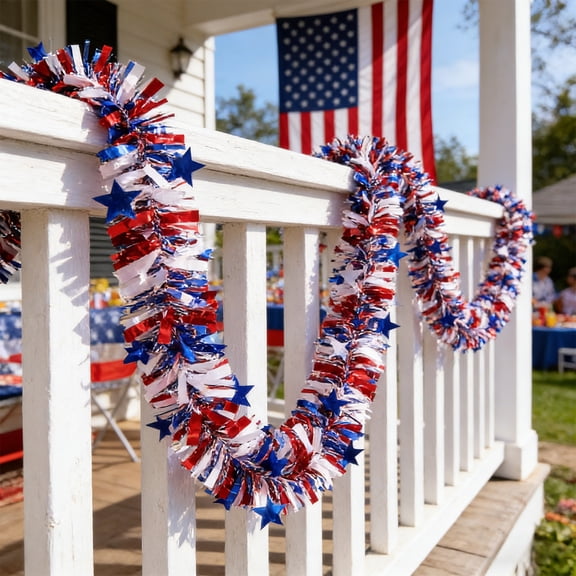 TOPRenddon Patriotic Star Tinsel Garland 78.7 Inch Red White Blue Metallic Streamer for 4th of July Independence Day Party Staircase Railing Door Window Decor