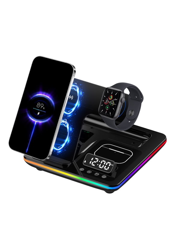 Smart 3 in 1 Wireless Charger Alarm Clock, Digital with LED Display, 15w Fast Charging Station Compatible with iPhone, Smartwatch, Earphones