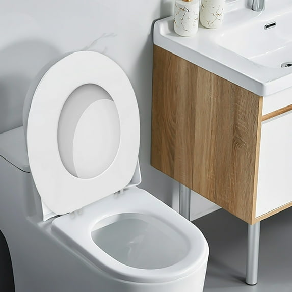 TOPRenddon Soft Close Elongated Toilet Seat - Cushioned Vinyl Cover with Comfort Foam, Bidet Compatible & Easy Install for Standard Toilets (White/Blue)