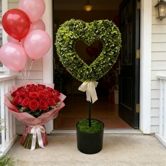 TOPRenddon 2.5Ft Valentine's Day Heart Shaped Topiary, Artificial Boxwood Tree with White Satin Bow & Sturdy Black Pot, Indoor Outdoor Decor