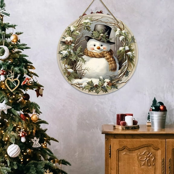 TOPRenddon Welcome Winter Snowman Blue Front Door Sign, Wooden Door Hanging Outdoor Porch Decor, Snowflake Christmas Holiday Wooden Wreath Indoor Wall Decor 7.9x7.9 inch