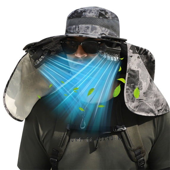 TOPRenddon Wide Brim Solar Fan Outdoor Fishing Hat Men Sun Hat with 2 Solar Fan Fishing Hats Neck Flap Outdoor UV Protection Hiking Hat