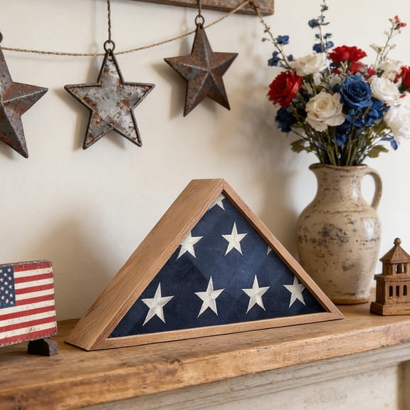 TOPRenddon Wooden Flag Storage Box Triangular Shadow Box, 17.3x9x3.3" Display Case for Folded American Flag, Patriotic Memorial Keepsake Protector for Living Room Wall Decor Independence Day Gift