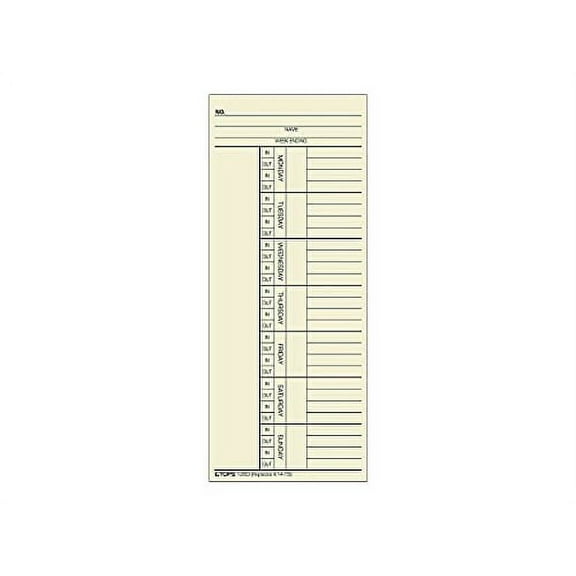TOPS 1260 Weekly Time Card, 2-Sided, 3-3/8-Inch x8-1/4-Inch, 500/BX
