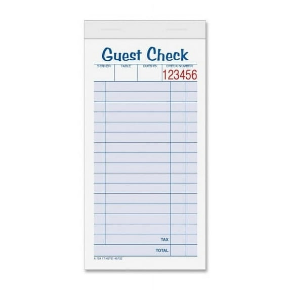 TOPS 2-part Carbonless Guest Check Books 2 Part - 3 3/8" x 5 1/2" Sheet Size - Blue, Green, Red Print Color - 10 / Pack