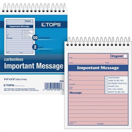 TOPS-2PK Telephone Message Book With Fax/Mobile Section, Two-Part Carbonless, 4.25 X 5.5, 1/Page, 50 Forms