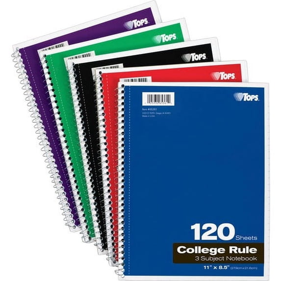 TOPS 3 - subject College Ruled Notebook - Letter - 120 Sheets - Wire Bound - 8 1/2" x 11" - 0.25" x 8.5"11" - Assorted Paper - Black, Red, Blue, Green, Purple Cover - Divider, P | Bundle of 5 Each
