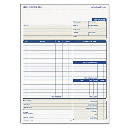 TOPS 3866 Job Invoice, 3-Part Carbonless, 8-1/2-Inch x11-Inch, 50 Sets/PK