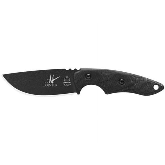 TOPS Knives 3 Pointer Fixed Blade Knife 3.13" Drop Point 1095 Black Traction Blade Canvas Micarta Handle Black