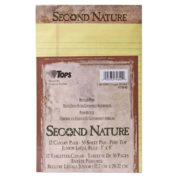 TOPS 74840 50 Sheet Second Nature 5 in. x 8 in. Narrow Rule Recycled Ruled Pads - Canary (1 Dozen)
