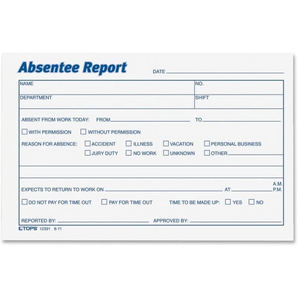 TOPS Absentee Report Form 100 Sheet(s) - 6