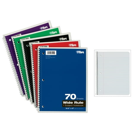 TOPS BINESS FORMS Wirebound 1-Subject Notebook, Wide Rule, 70 Sheets/Pad, Assorted