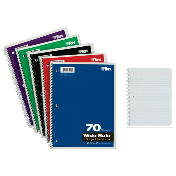 TOPS BINESS FORMS Wirebound 1-Subject Notebook, Wide Rule, 70 Sheets/Pad, Assorted