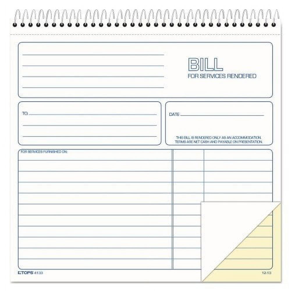 Bill for Services Rendered Book, Two-Part Carbonless, 8.5 x 7.75, 50 Forms Total Bill for Services Rendered Book, Two-Part Carbonless, 8.5 x 7.75, 50 Forms Total