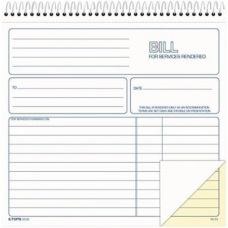 TOPS 2-Part Carbonless Bill for Services Rendered Book, 8.5 x 8.25 Inches, 50 Sheets, White, (4133)