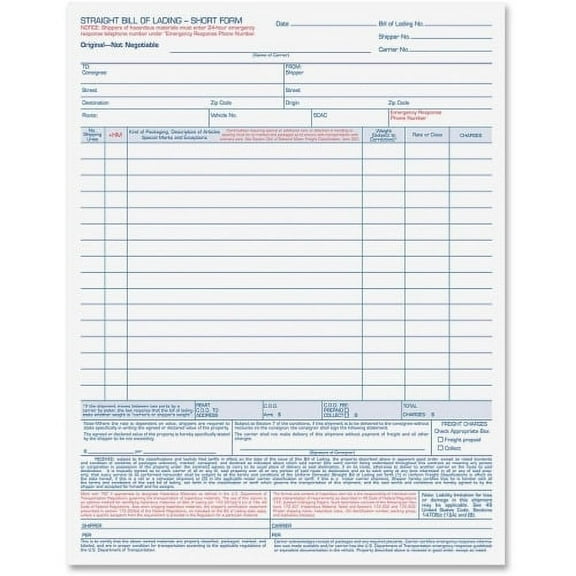 TOPS Bill-of-Lading Snap off 4-part Form Sets 4 PartCarbonless Copy - 11 7/16" x 8 1/2" Sheet Size - White Sheet(s) - Light Blue, Blue, Red Print Color - 50 / Pack