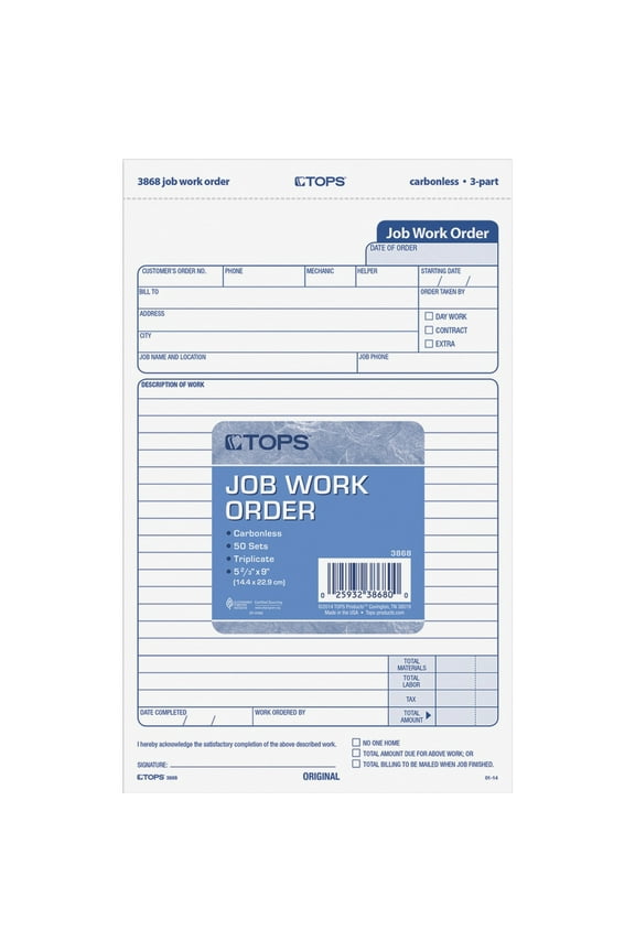Carbonless 3-Part Job Work Order Forms, 50 Sets per Pack, TOP3868,