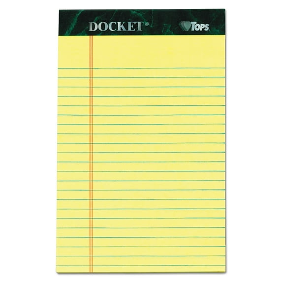 TOPS Docket Ruled Perforated Pads, 5 x 8, Narrow, Canary, 50 Sheets, 6/Pack -TOP63351