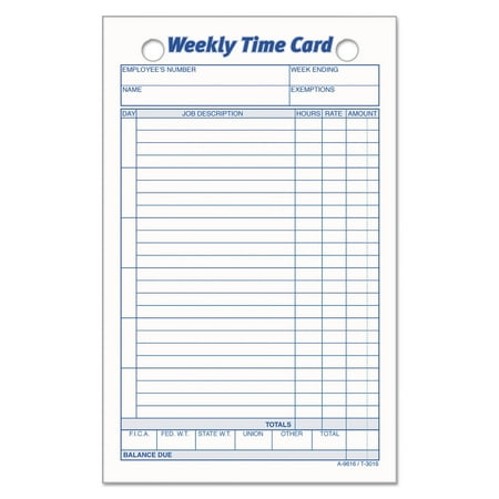 TOPS Employee Time Card, Weekly, 4 1/4 x 6 3/4, 100/Pack -TOP3016