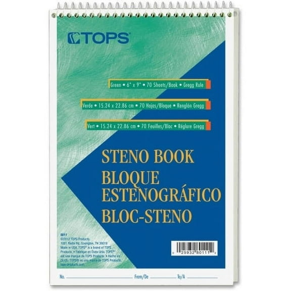 TOPS Green Tint Steno Books 70 Sheets - Wire Bound - Ruled - 6" x 9" - Green Paper - Hardboard Cover - WireLock - 1Each