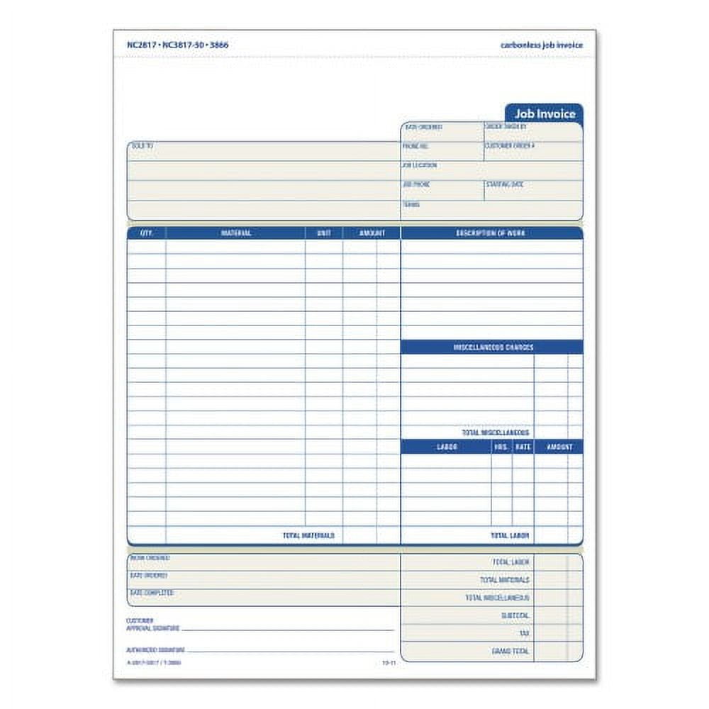 Job Invoice, Snap-Off Triplicate Form, Three-Part Carbonless, 8.5 x 11.63, 50 Forms Total Job Invoice, Snap-Off Triplicate Form, Three-Part Carbonless, 8.5 x 11.63, 50 Forms Total