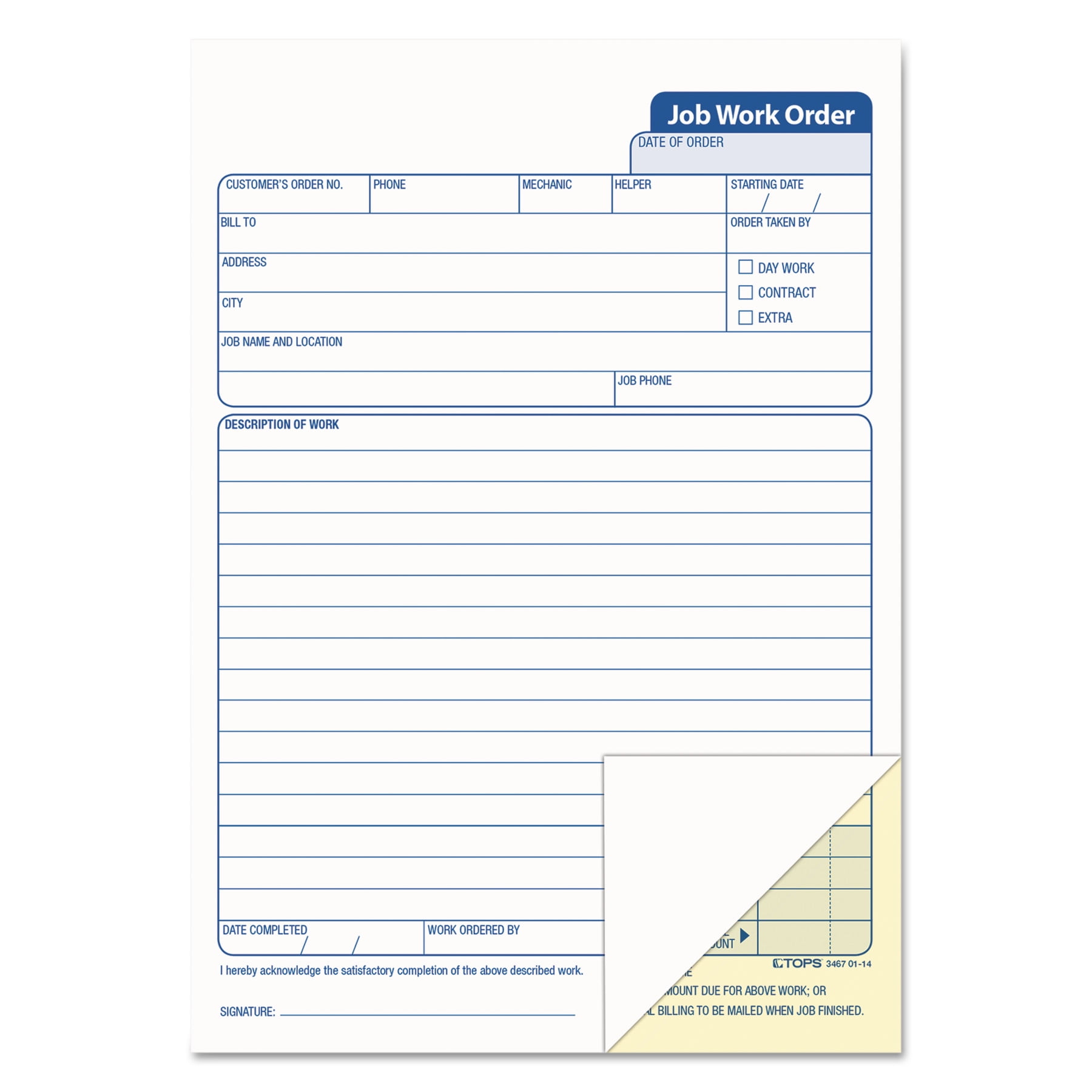 TOPS Job Work Order Pad, 5 1/2 x 8 1/2, TwoPart Carbon, 50/Pad