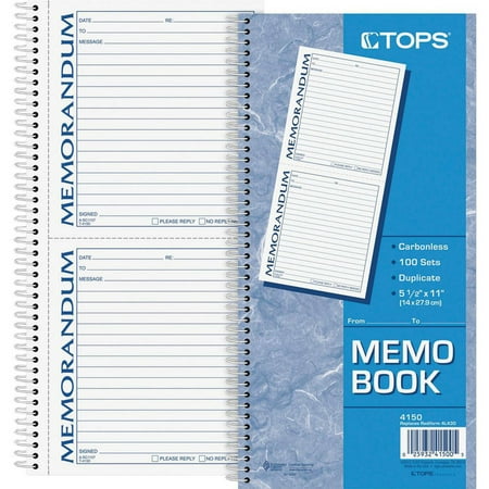 TOPS Memorandum Forms Book - 100 Sheet(s) - Spiral Bound - 2 PartCarbonless Copy - 5.50" x 5" Form Size - 5.50" x 11"
