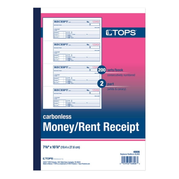 TOPS Money Receipt Book, 2-Part Carbonless, 4 Receipts/Page, 200 Sets per Book, 10 Books per Pack