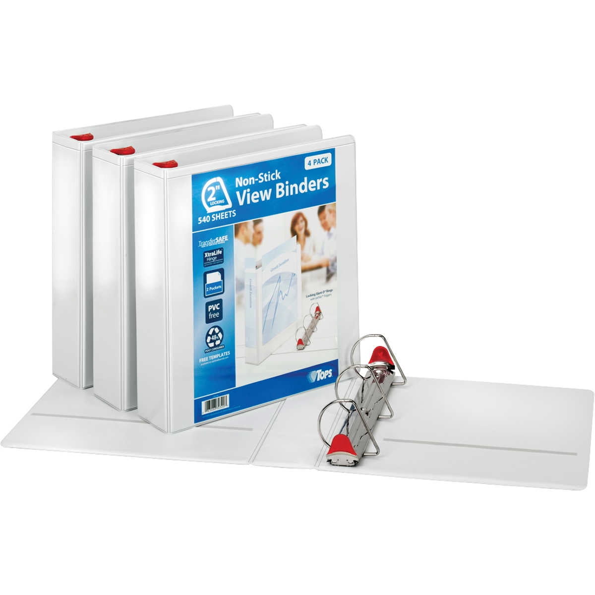 TOPS Non-Stick Locking View Binder, 2", D-Ring, White, 4 ct