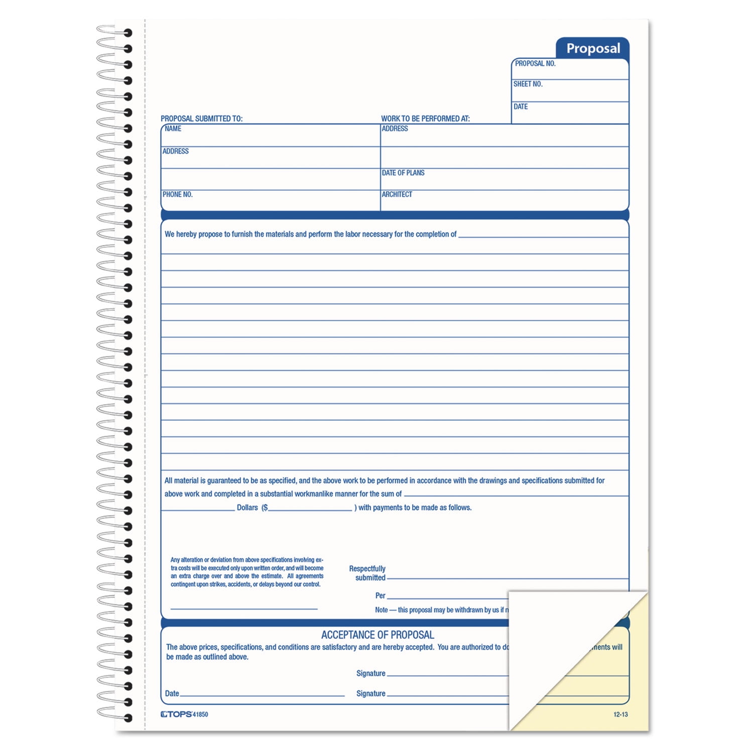 TOPS Products Spiralbound Proposal Form Book, 8 1/2" x 11", Two-Part Carbonless, 50 Forms