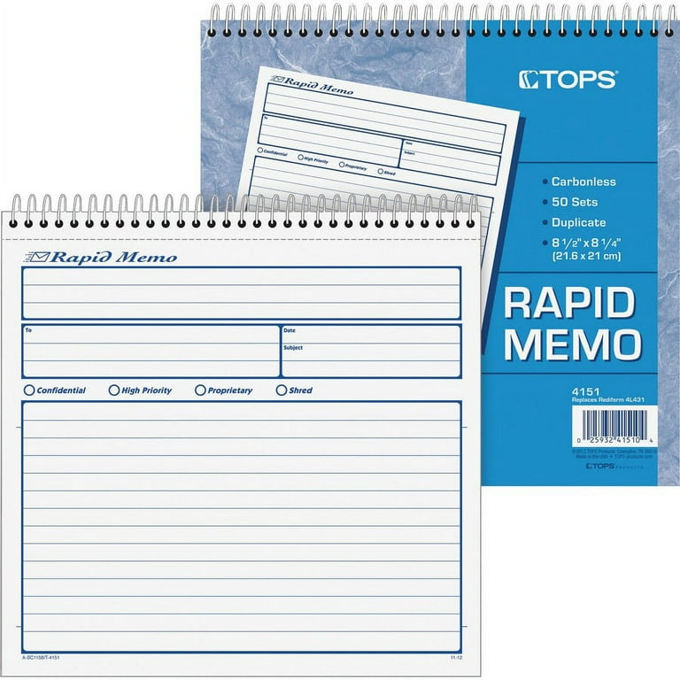 TOPS Rapid Memo Book - Spiral Bound - 2 PartCarbonless Copy - 8.50