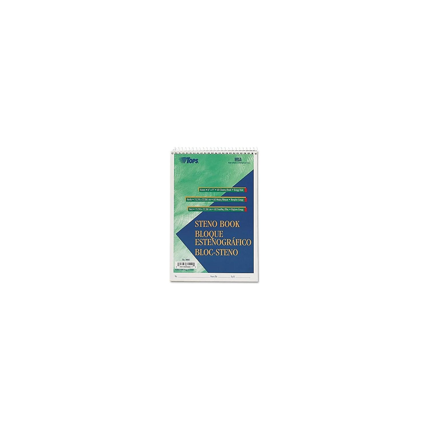 TOPS Steno Pad 6" x 9" Gregg Ruled Green tint 60 Sheets/Pad (TOP 8001) 811048